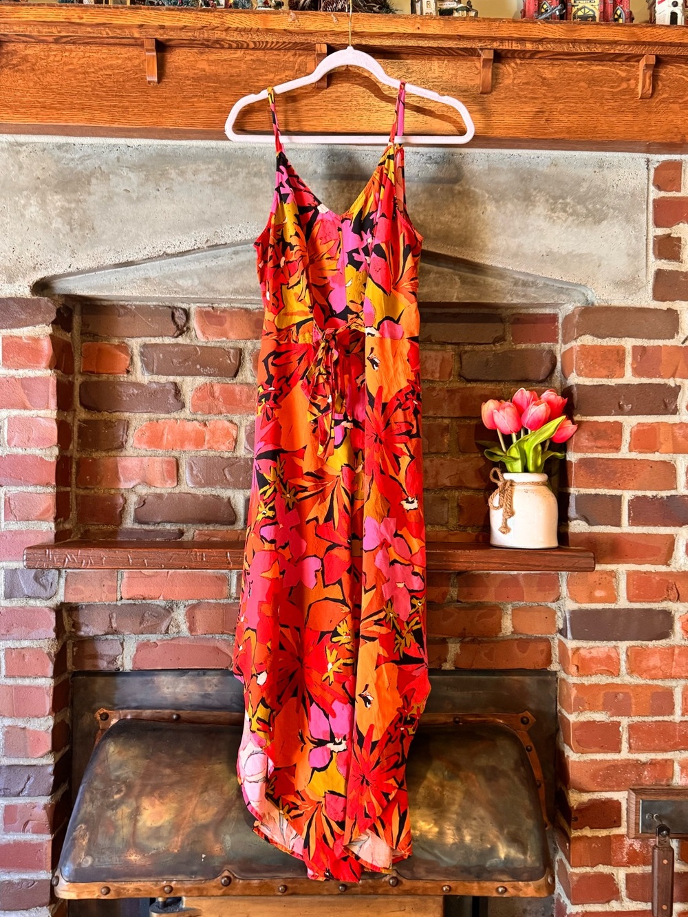 MSK Floral Wide Leg Jumpsuit XL Orange Pink Tropical Palazzo Resort Boho Cruise